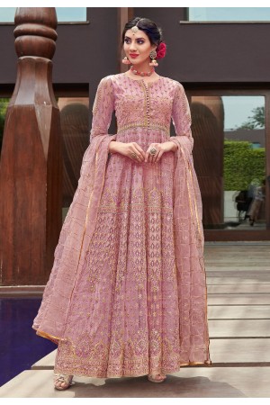 Pink net embroidered ankle length anarkali suit  1643